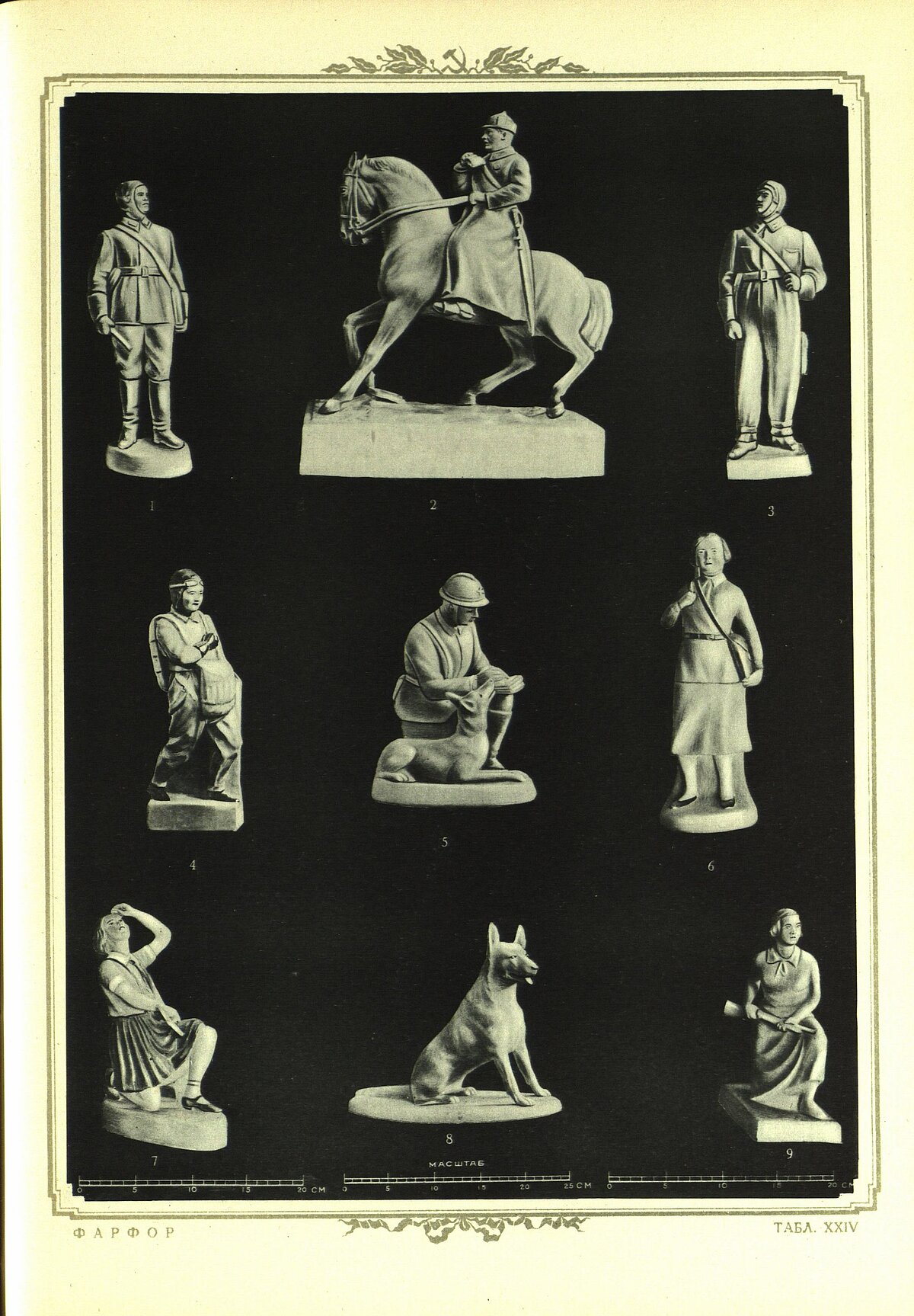 Porcelāna figūriņas kā nodeva laikam: tankists, Vorošilovs uz zirga, lidotājs, parašutiste, sakarnieks,”осоавиахимовка”, planieriste, dienesta suns, “Ворошиловский стрелок”
