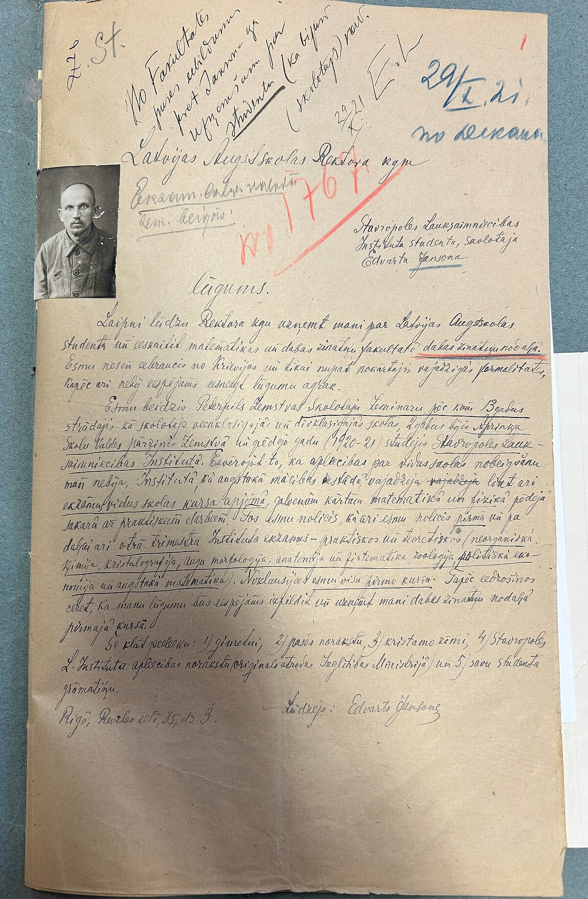 E. Jansona lūgums uzņemt LU. 1921. gads. LVVA. 7427.f., 1. apr. 5352. l., 1. lp. E. Jansona lūgums uzņemt LU. 1921. gads. LVVA. 7427.f., 1. apr. 5352. l., 1. lp.