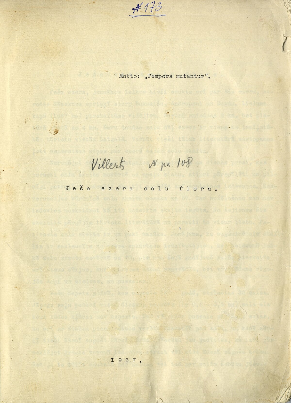 A. Villerta kandidāta darba “Ješa ezera salu flora” titullapa. Foto: LU Muzeja krājums A. Villerta kandidāta darba “Ješa ezera salu flora” titullapa. Foto: LU Muzeja krājums