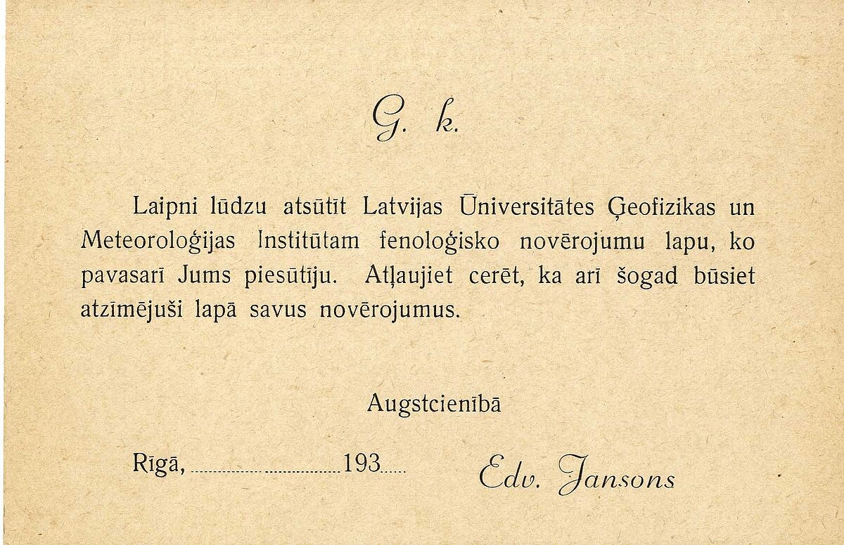 Pastkarte ar aicinājumu iesītīt fenoloģiskos novērojumums. 1920. - 1930. gadi. LUM krājums. Pastkarte ar aicinājumu iesītīt fenoloģiskos novērojumums. 1920. - 1930. gadi. LUM krājums.