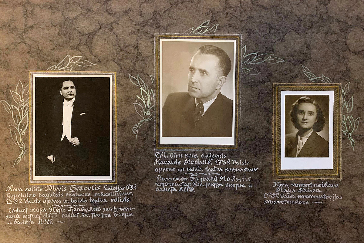 LVU Vīru kora solists, LPSR Valsts operas un baleta teātra solists Pēteris Grāvelis; LVU Vīru kora ilggadējais diriģents, LSPR Valsts operas un baleta teātra kormeistars Haralds Mednis; LVU Vīru kora koncertmeistare Maija Saiva LVU Vīru kora solists, LPSR Valsts operas un baleta teātra solists Pēteris Grāvelis; LVU Vīru kora ilggadējais diriģents, LSPR Valsts operas un baleta teātra kormeistars Haralds Mednis; LVU Vīru kora koncertmeistare Maija Saiva