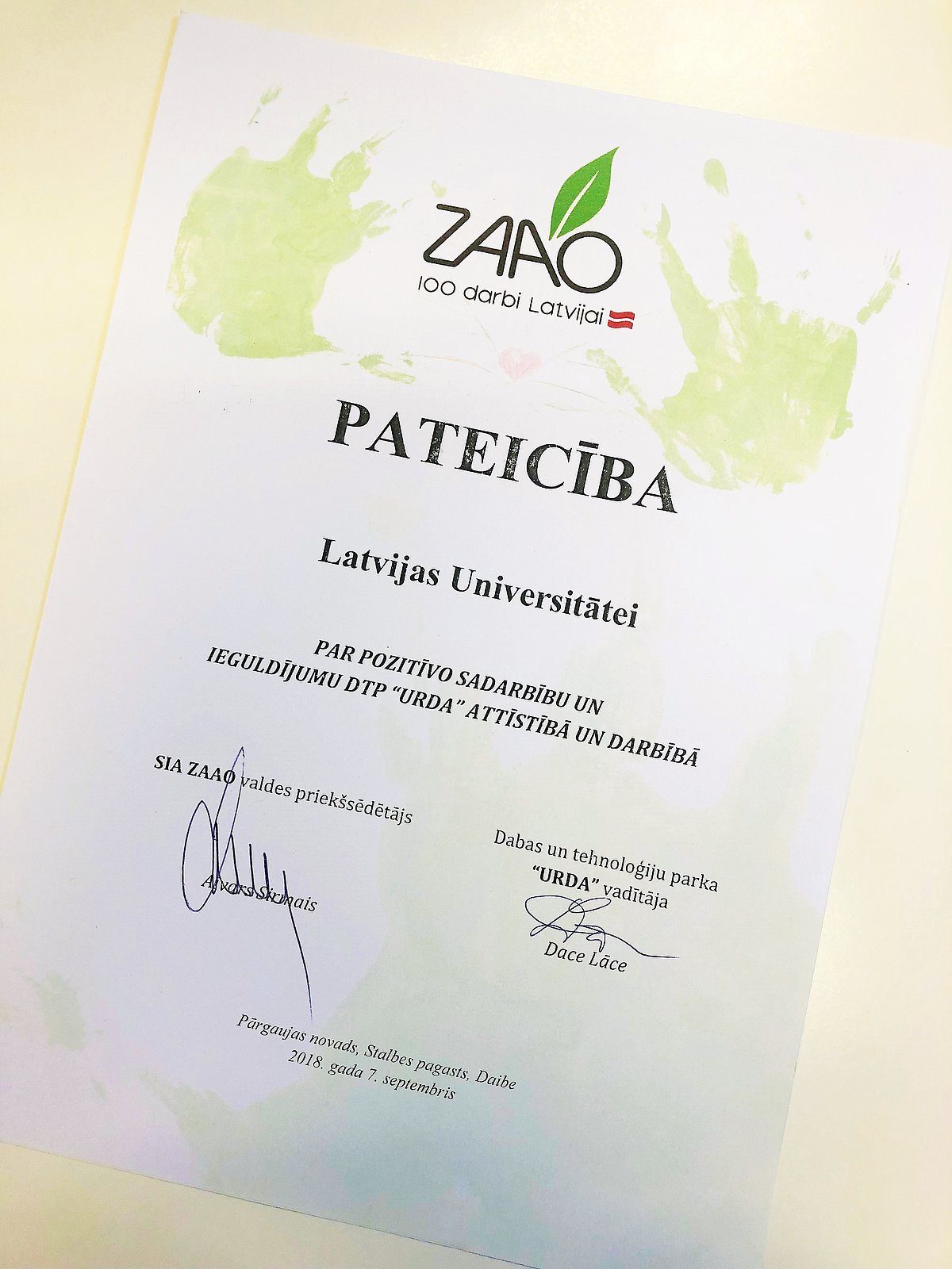 Darbs pie DTP “URDA” izveides sākās pērnā gada sākumā, un to uzsāka Pārgaujas novada pašvaldība, sadarbojoties ar SIA “ZAAO”. Septembrī LU no SIA "ZAAO" saņēma pateicību par pozitīvo sadarbību. Foto: LU Komunikācijas un inovāciju departaments.