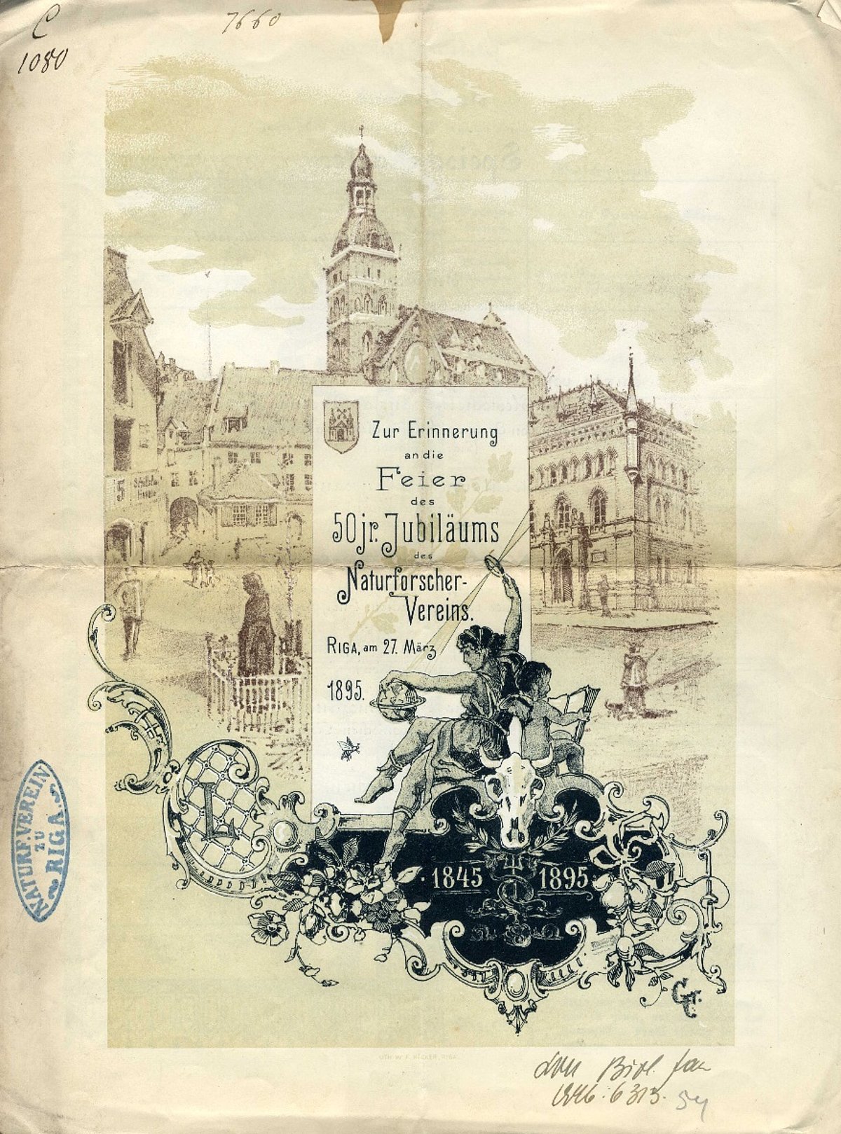 Rīgas Dabaspētnieku biedrības 50 gadu jubilejas piemiņas ēdienkarte. 1895. gads. 1. lpp. Rīgas Dabaspētnieku biedrības 50 gadu jubilejas piemiņas ēdienkarte. 1895. gads. 1. lpp.