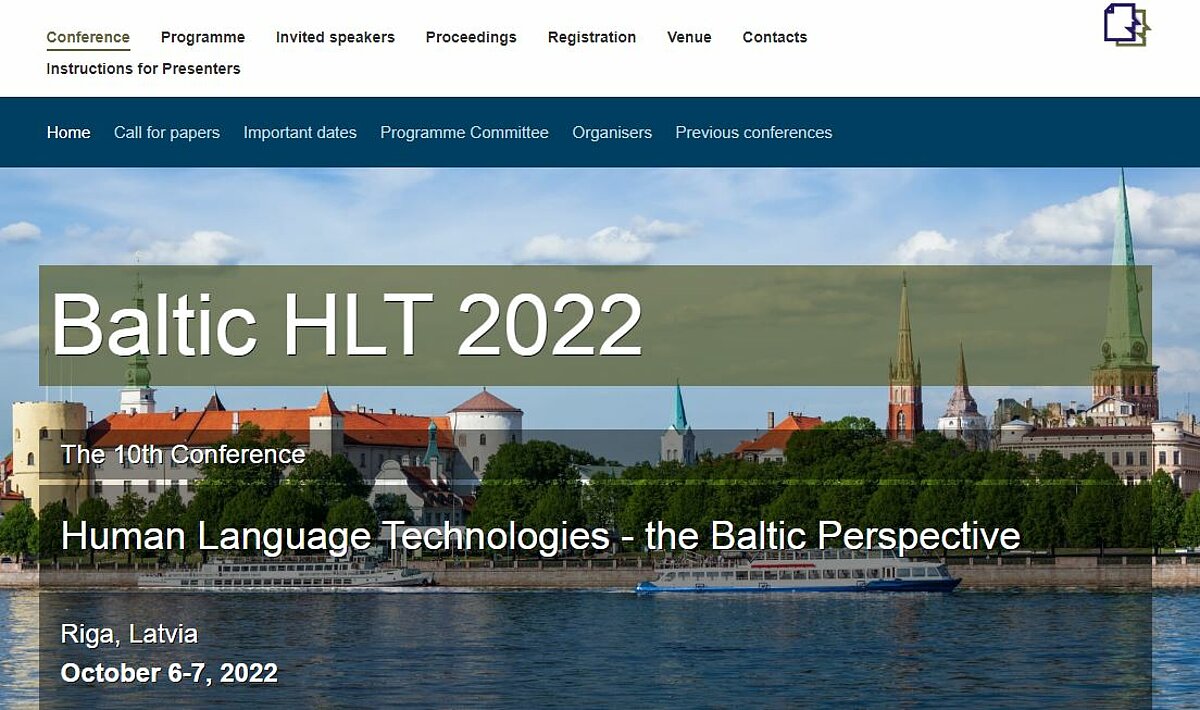 Ekrānskats no konferences Baltic HLT tīmekļvietnes https://hlt2022.tilde.eu ekrānskats, konferences tīmekļvietne