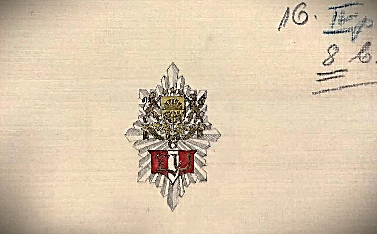 LU Akadēmiskās nozīmītes skice (4. paraugs, 1929). Foto: LNA LVVA LU Akadēmiskās nozīmītes skice (4. paraugs, 1929). Foto: LNA LVVA
