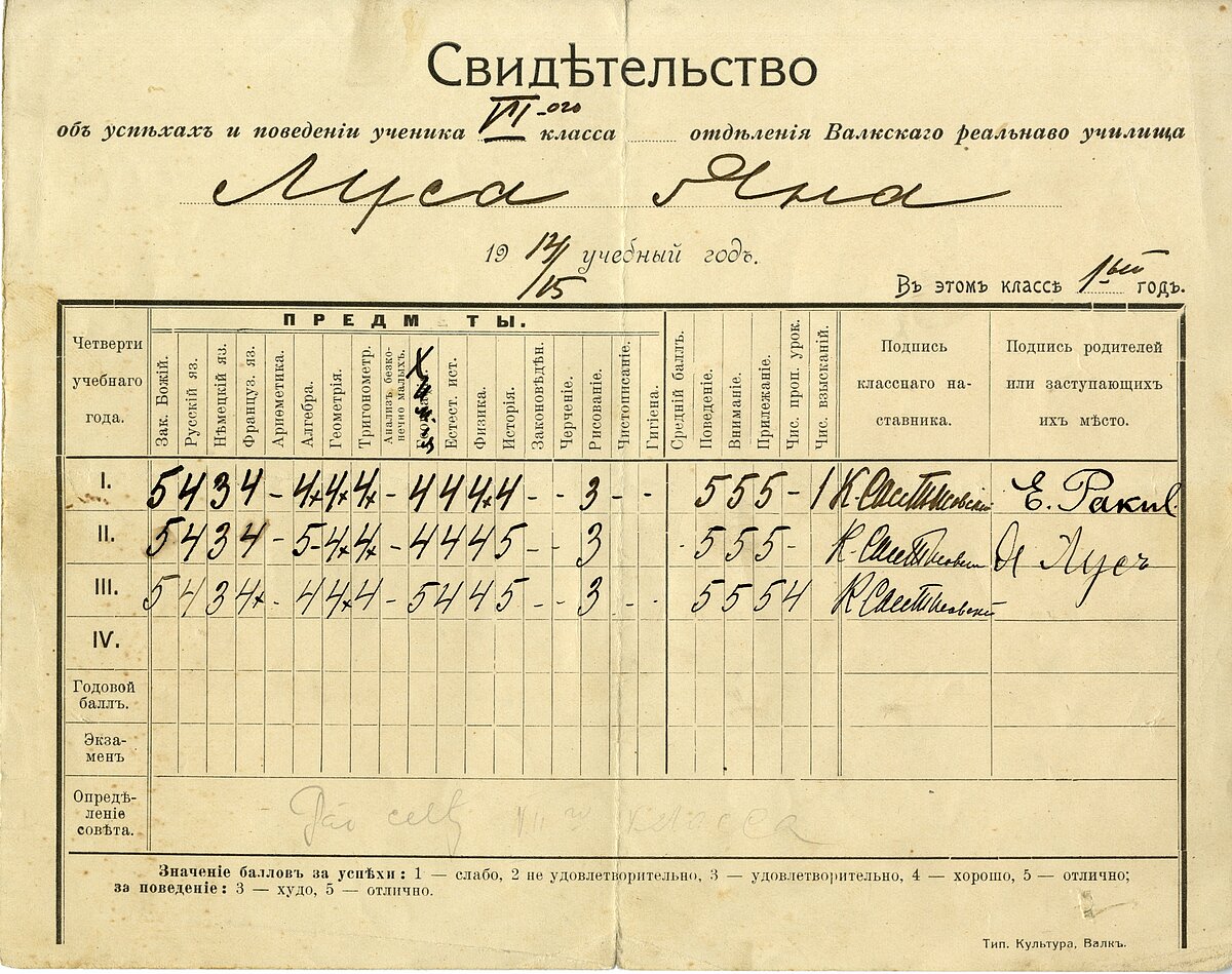 Fragments no Valkas reālskolas liecības Jānim Lūsim, 1914. / 1915. m. g. LU Muzeja krājums Fragments no Valkas reālskolas liecības Jānim Lūsim, 1914. / 1915. m. g. LU Muzeja krājums