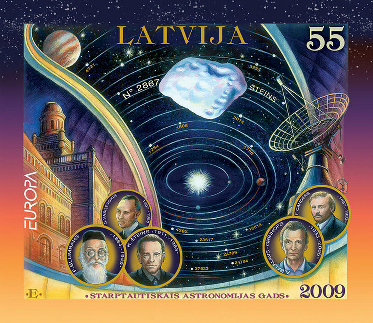 Latvijas Pasta pastmarka par godu Starptautiskajam Astronomijas gadam (2009). Starp izcilākajiem Latvijas astronomiem minēts Kārlis Šteins. Redzams arī asteroīds Nr. 2867 – “Šteins”. Foto: no LU Muzeja F. Candera un Latvijas astronomijas kolekcijas krājuma Latvijas Pasta pastmarka par godu Starptautiskajam Astronomijas gadam (2009). Starp izcilākajiem Latvijas astronomiem minēts Kārlis Šteins. Redzams arī asteroīds Nr. 2867 – “Šteins”. Foto: no LU Muzeja F. Candera un Latvijas astronomijas kolekcijas krājuma