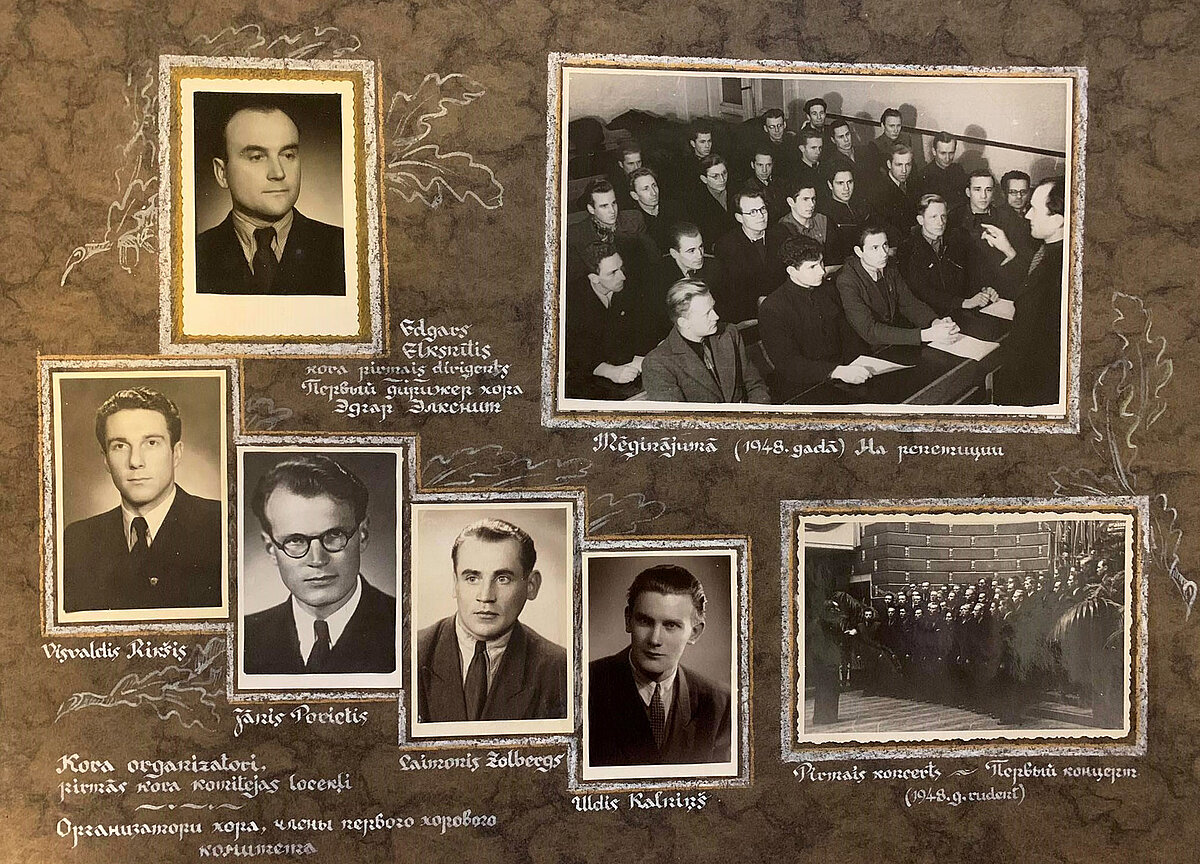 LVU Vīru kora organizatoru un pirmās kora komitejas dalībnieku fotogrāfijas; kora pirmo gaitu atspoguļojums mēģinājumā un pirmajā koncertā 1948. gadā. Latvijas Universitātes Muzeja krājums. LVU Vīru kora organizatoru un pirmās kora komitejas dalībnieku fotogrāfijas; kora pirmo gaitu atspoguļojums mēģinājumā un pirmajā koncertā 1948. gadā. Latvijas Universitātes Muzeja krājums.