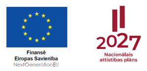 Eiropas Savienības logo ar uzrakstu 'Finansē Eiropas Savienība – NextGenerationEU' un Nacionālā attīstības plāna 2027 logo